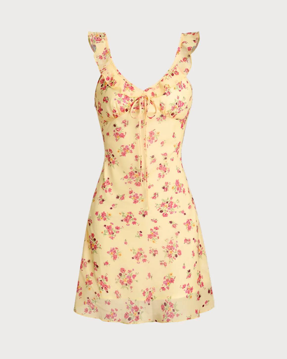 Yellow Floral Ruffle Sleeveless Mini Dress