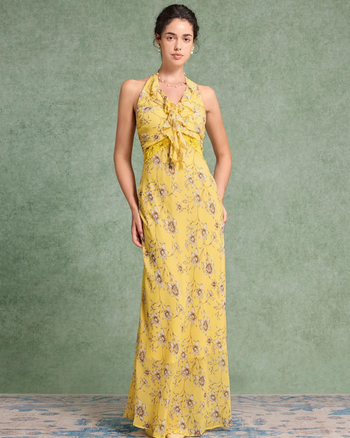 Yellow Floral Shirred Halter Maxi Dress