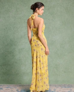 Yellow Floral Shirred Halter Maxi Dress