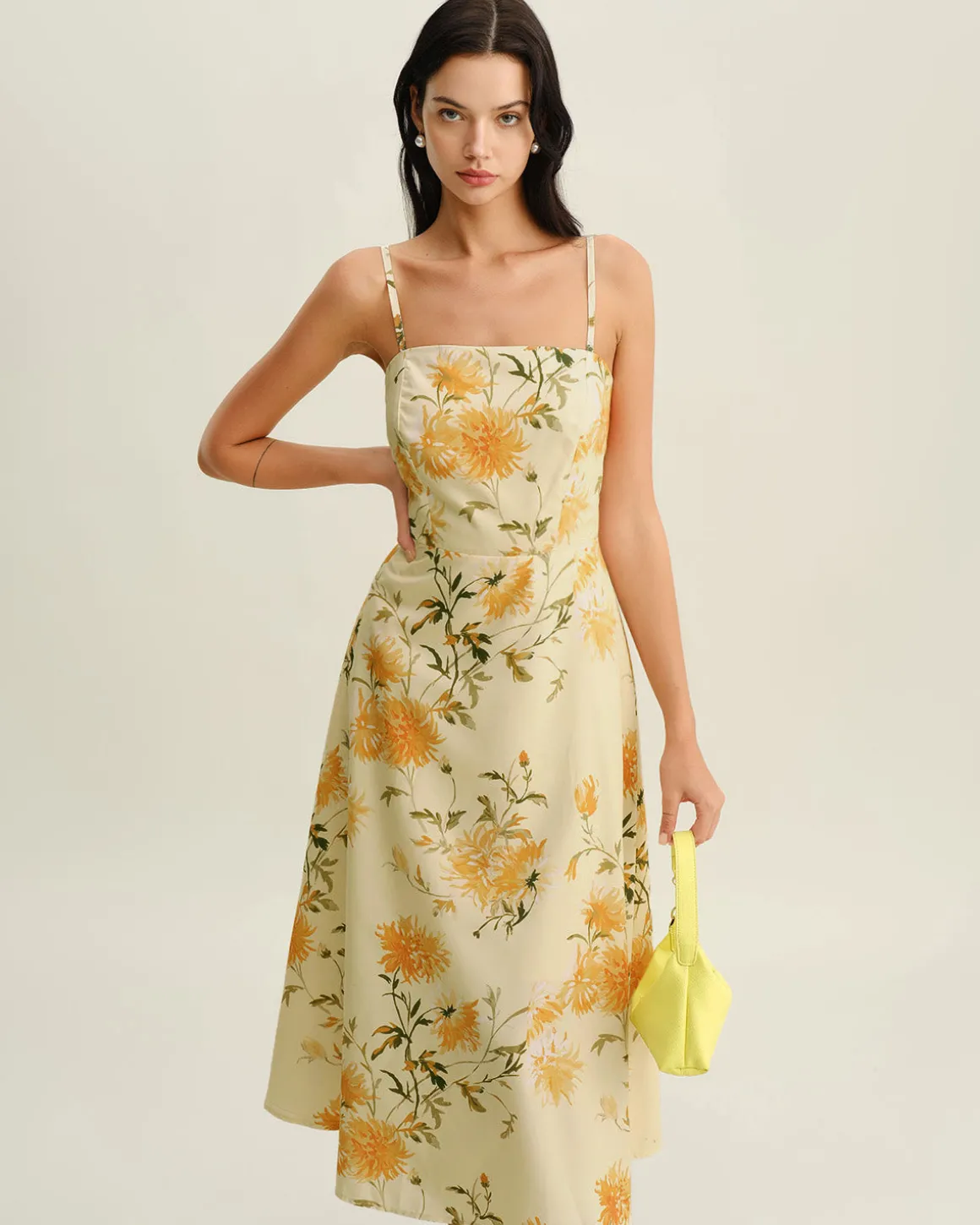 Yellow Floral Shirred Slip Midi Dress