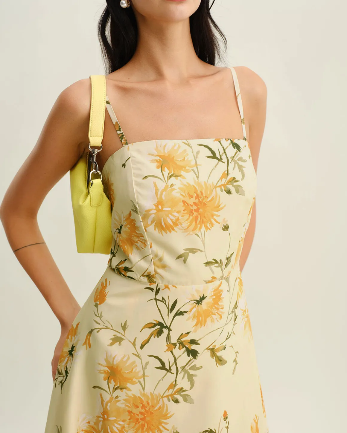 Yellow Floral Shirred Slip Midi Dress