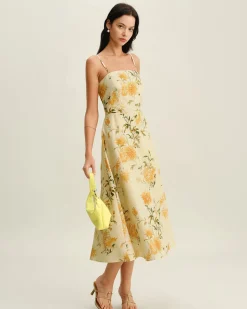 Yellow Floral Shirred Slip Midi Dress