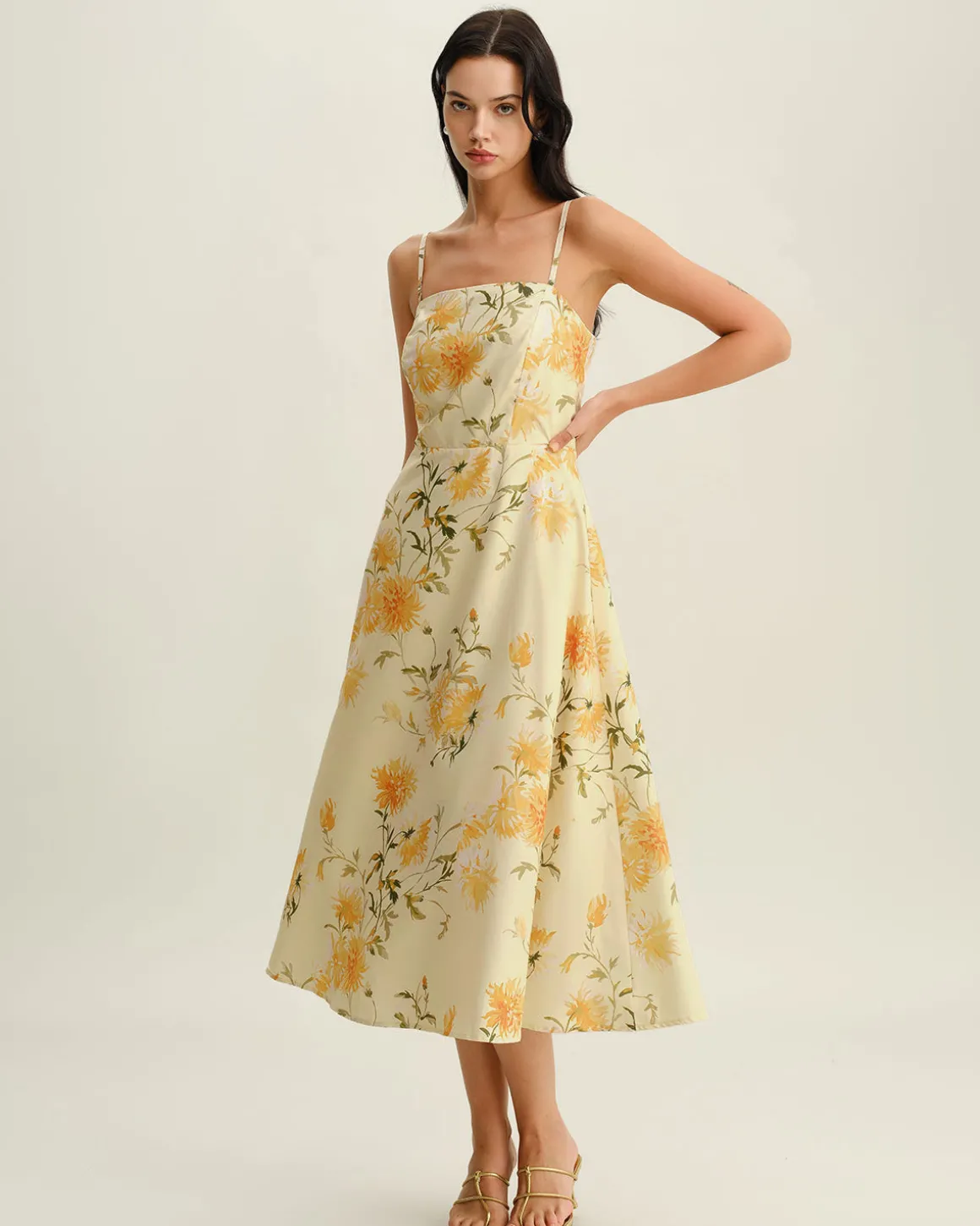 Yellow Floral Shirred Slip Midi Dress
