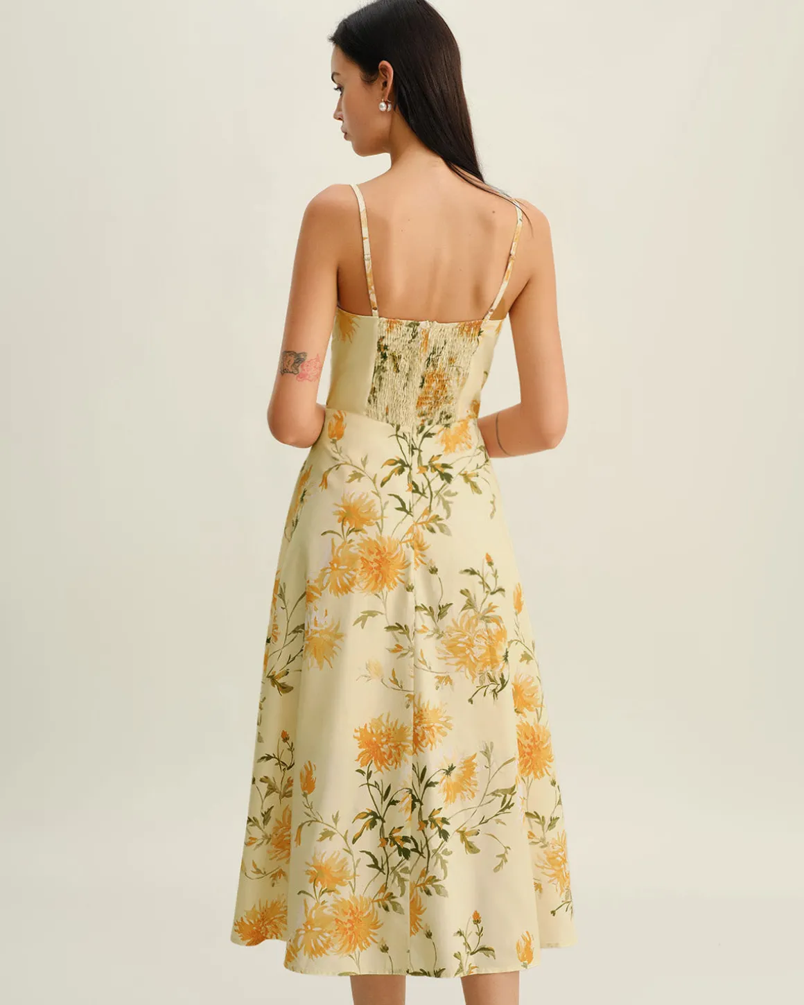 Yellow Floral Shirred Slip Midi Dress