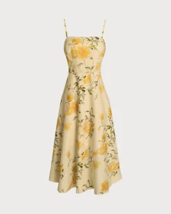 Yellow Floral Shirred Slip Midi Dress