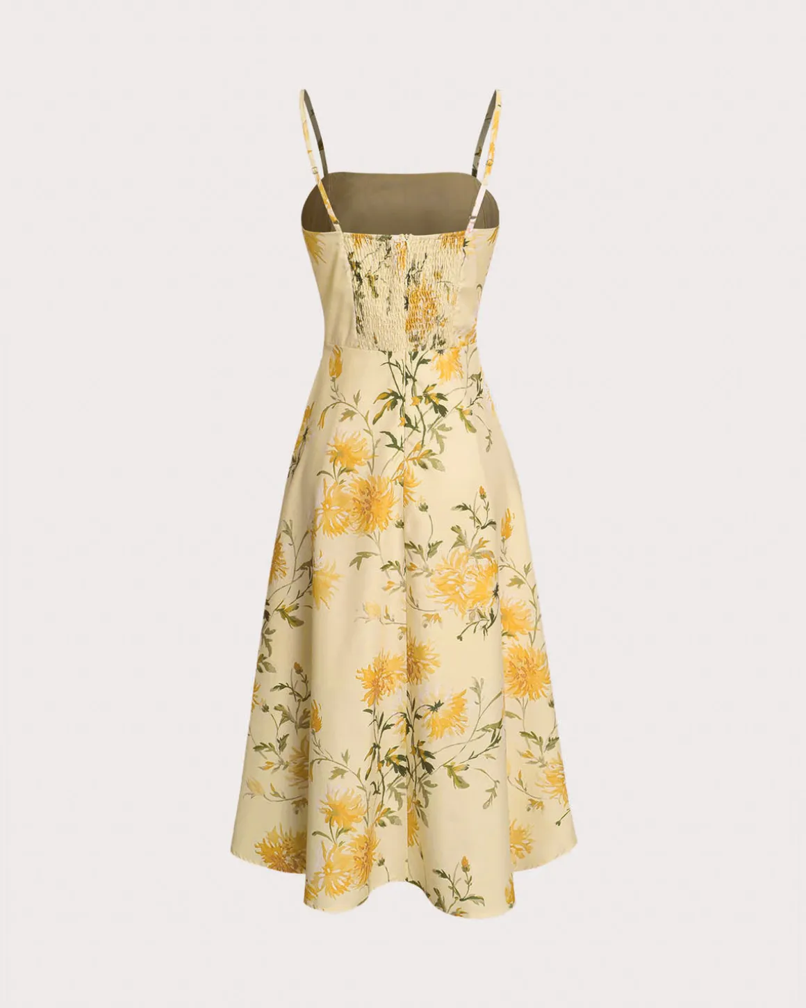 Yellow Floral Shirred Slip Midi Dress