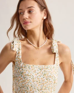 Yellow Floral Shirred Slip Midi Dress