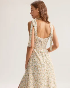 Yellow Floral Shirred Slip Midi Dress