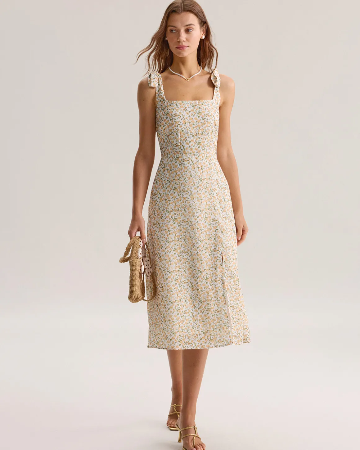 Yellow Floral Shirred Slip Midi Dress