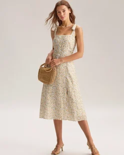 Yellow Floral Shirred Slip Midi Dress