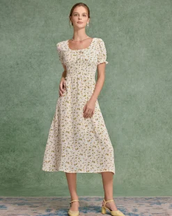 Yellow Floral Square Neck Shirred Midi Dress