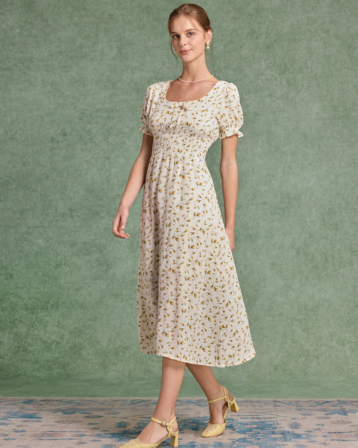 Yellow Floral Square Neck Shirred Midi Dress