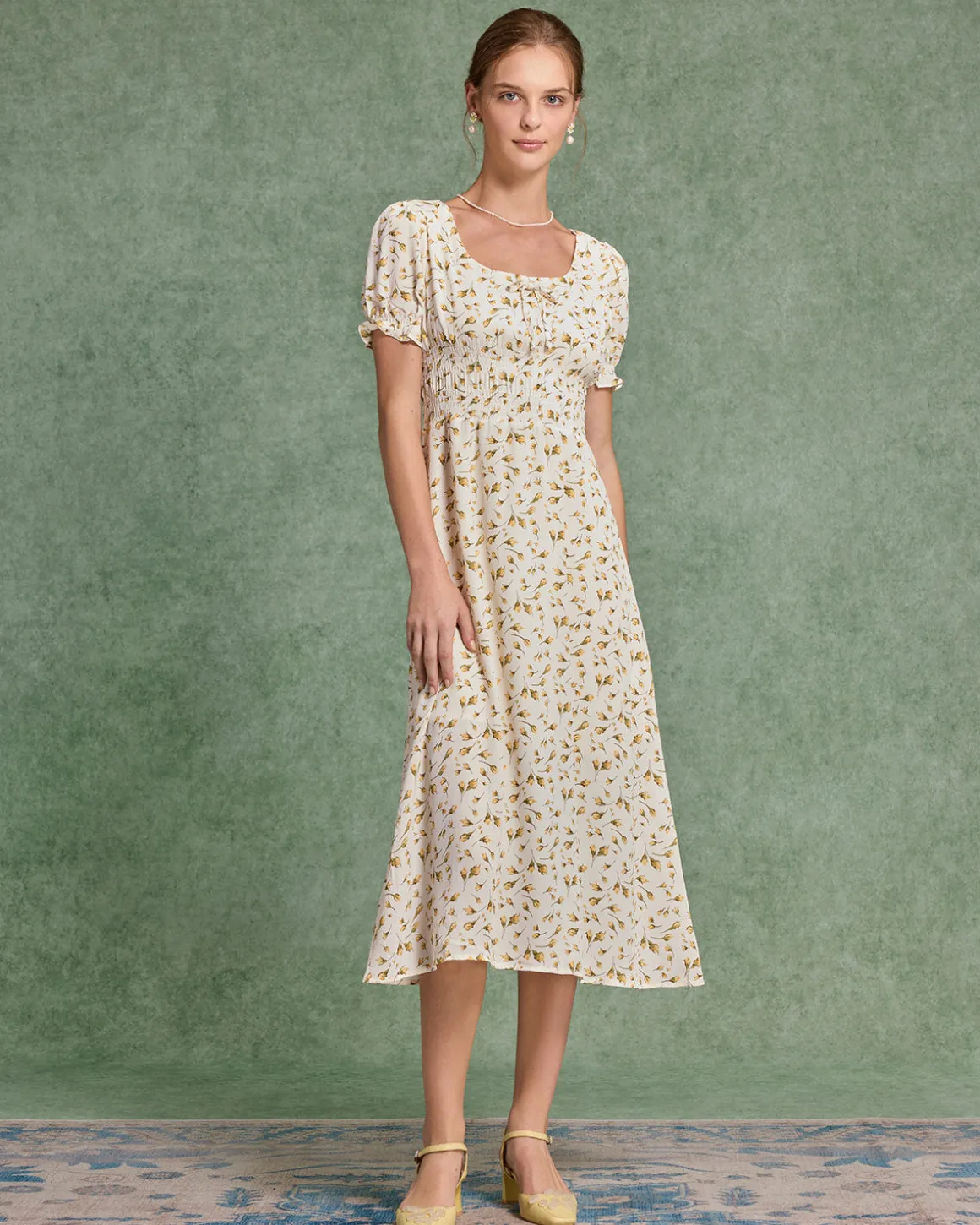 Yellow Floral Square Neck Shirred Midi Dress