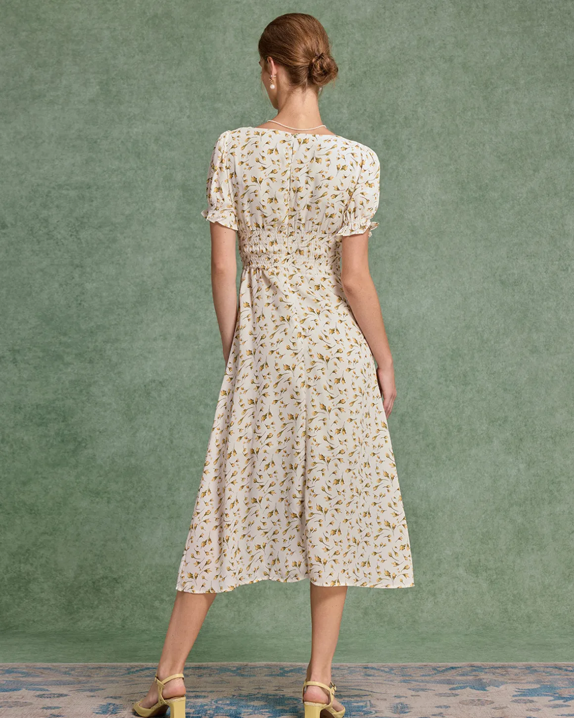 Yellow Floral Square Neck Shirred Midi Dress