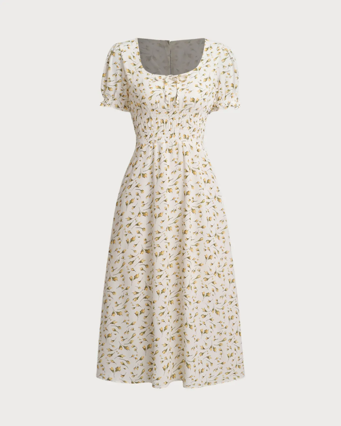 Yellow Floral Square Neck Shirred Midi Dress