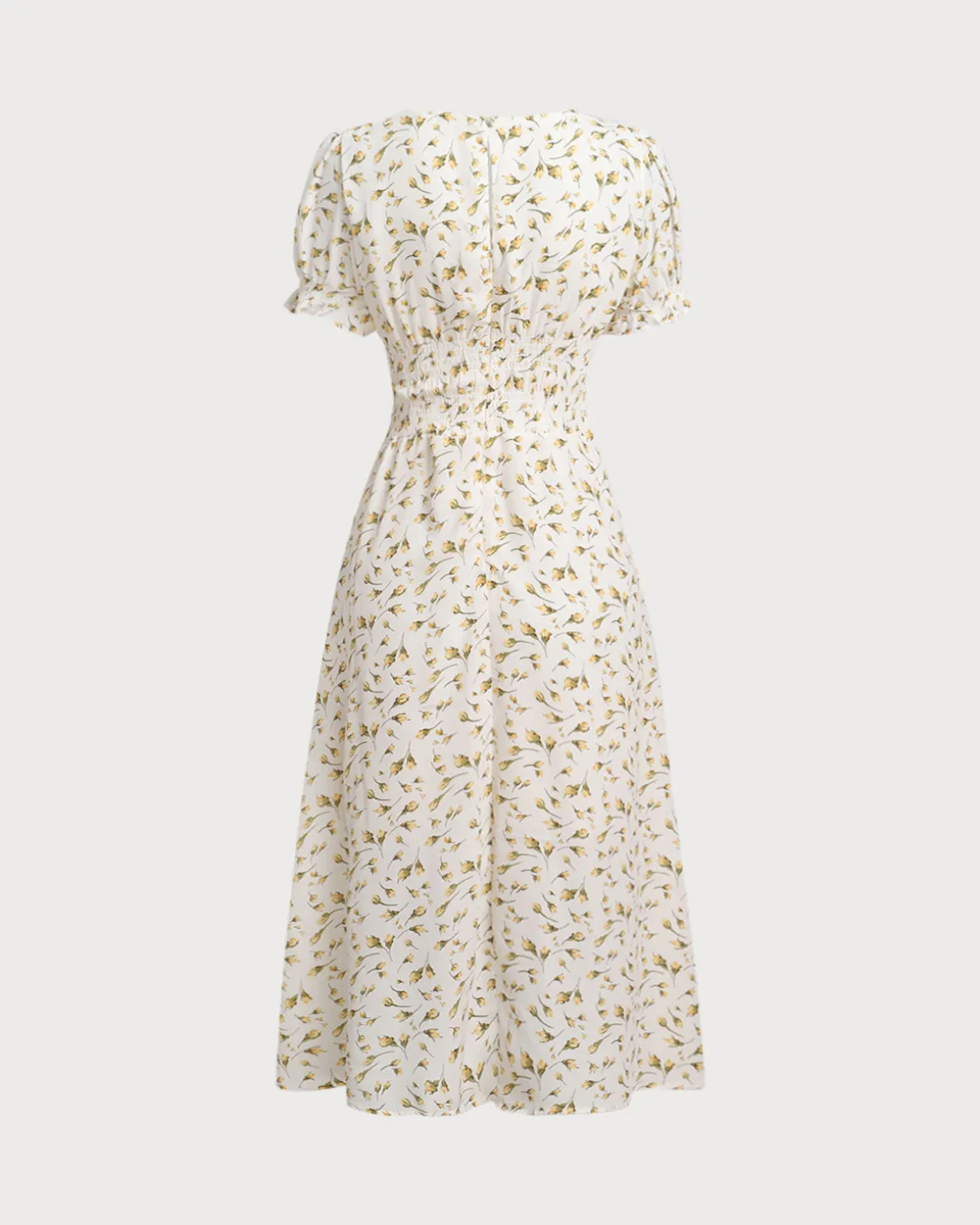 Yellow Floral Square Neck Shirred Midi Dress