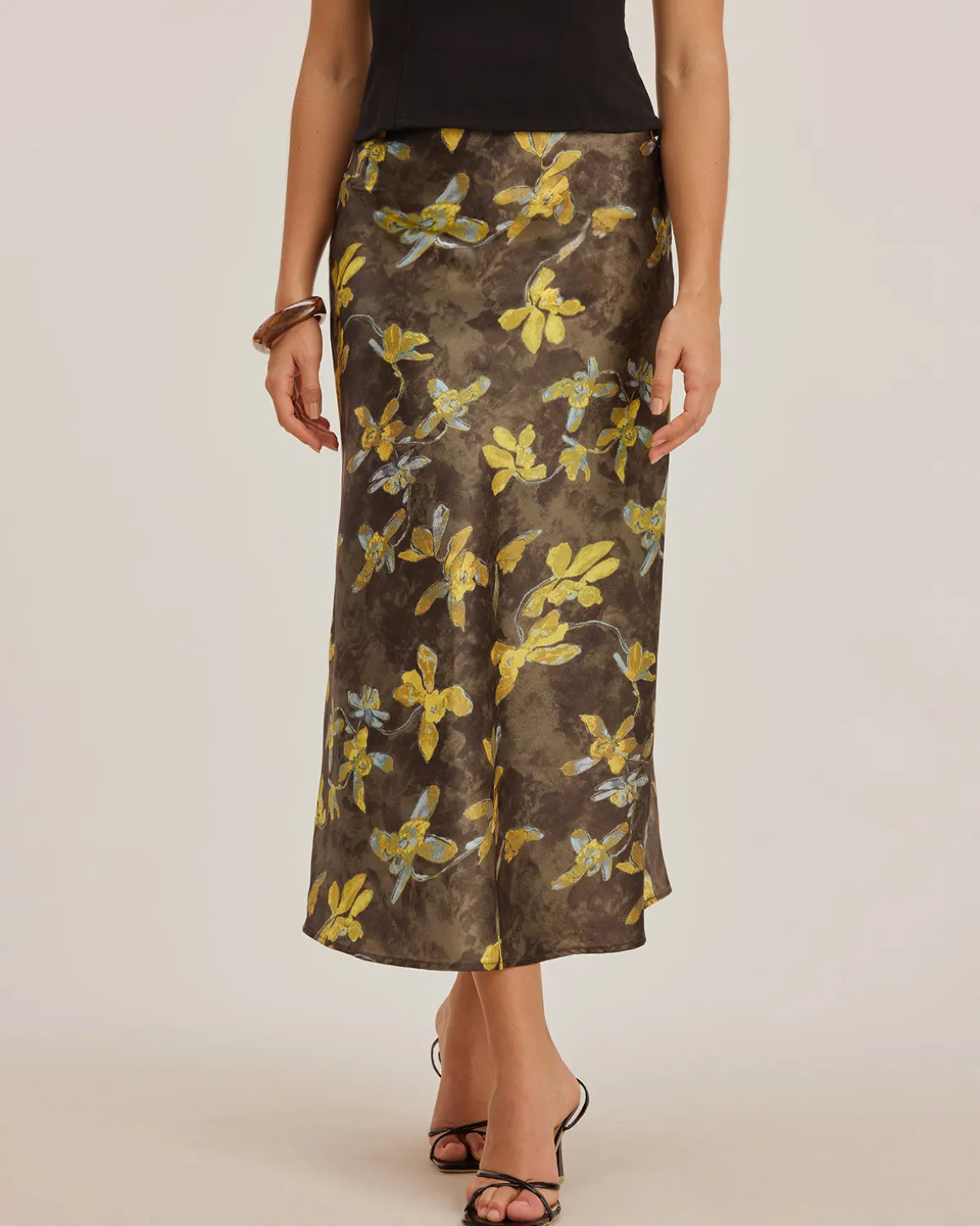 Yellow Floral Straight Midi Skirt