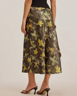 Yellow Floral Straight Midi Skirt