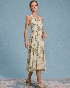 Yellow Floral Strapless Midi Dress