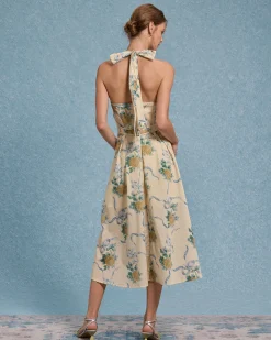 Yellow Floral Strapless Midi Dress