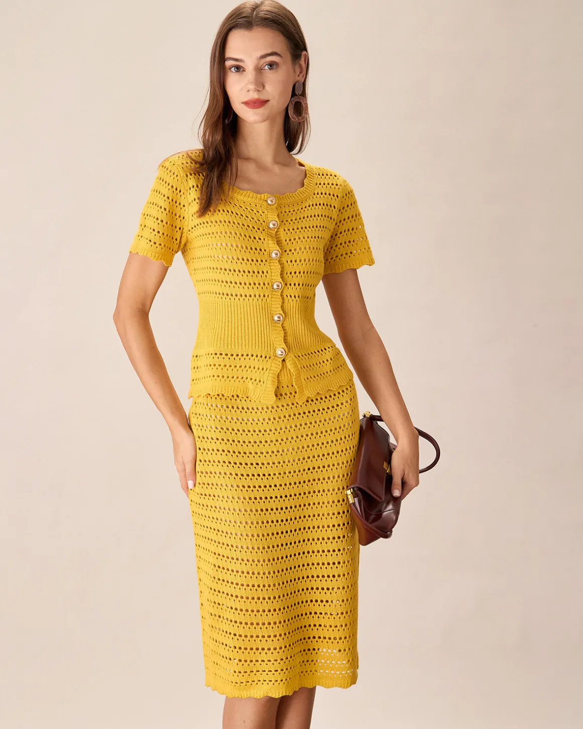 Yellow High-waisted Knee Length Knit Skirt