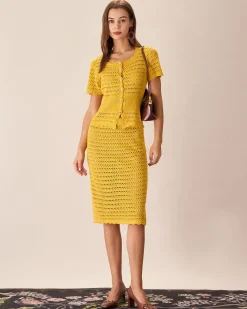 Yellow High-waisted Knee Length Knit Skirt