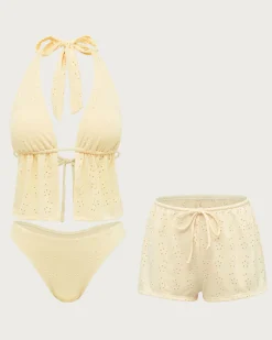 Yellow Hollow Tankini Three-Piece Swimsuit