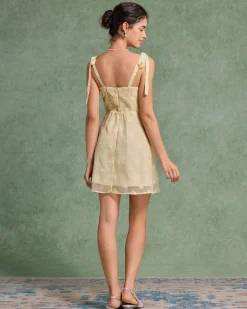 Yellow Jacquard Tie Strap Mini Dress