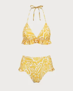 Yellow Knit Floral Ruffle Bikini Set