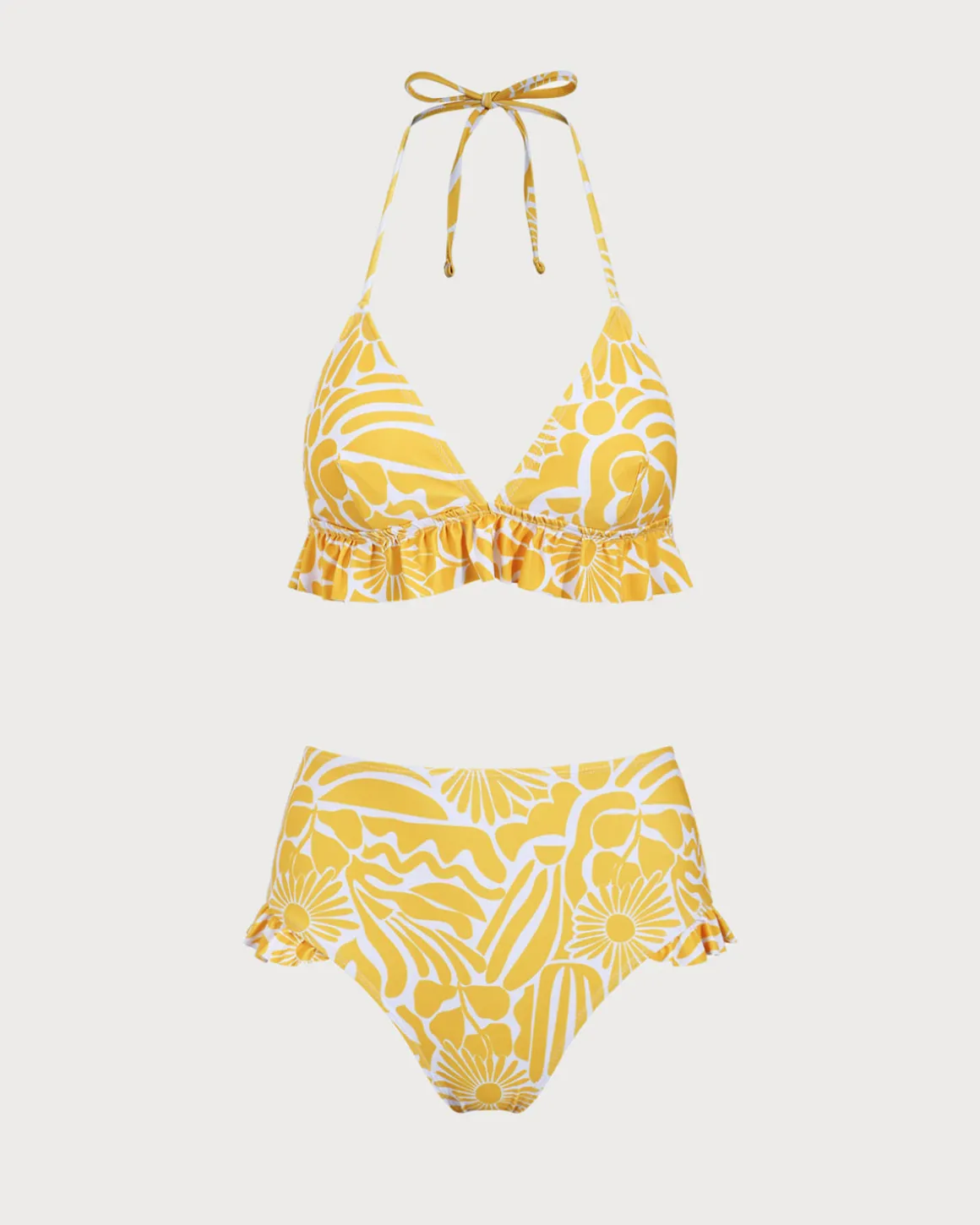 Yellow Knit Floral Ruffle Bikini Set