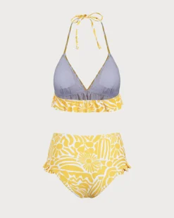 Yellow Knit Floral Ruffle Bikini Set