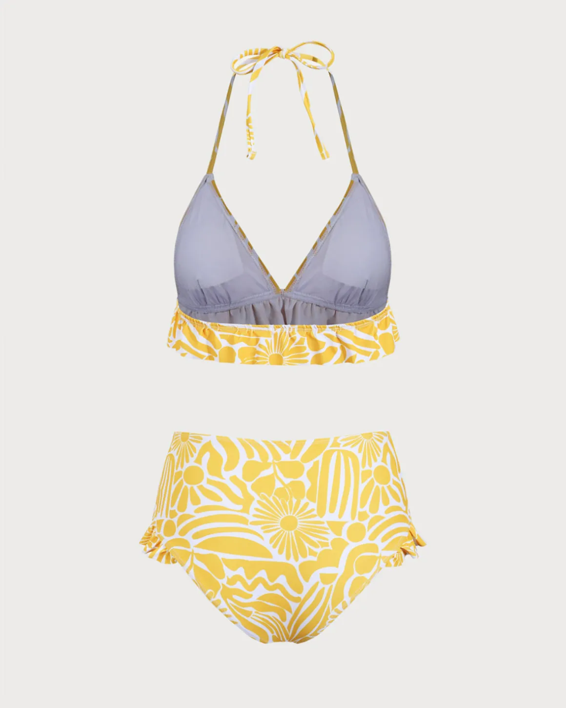Yellow Knit Floral Ruffle Bikini Set