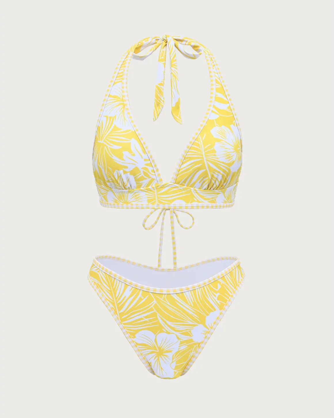 Yellow Knit Tropical Print Bikini Set