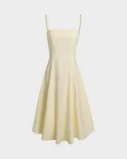 Yellow Pleated A-Line Slip Midi Dress