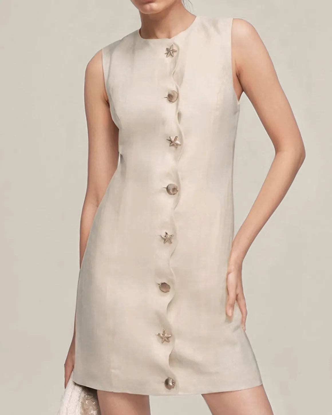 Yellow Round Neck Button Sleeveless Mini Dress