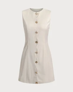 Yellow Round Neck Button Sleeveless Mini Dress