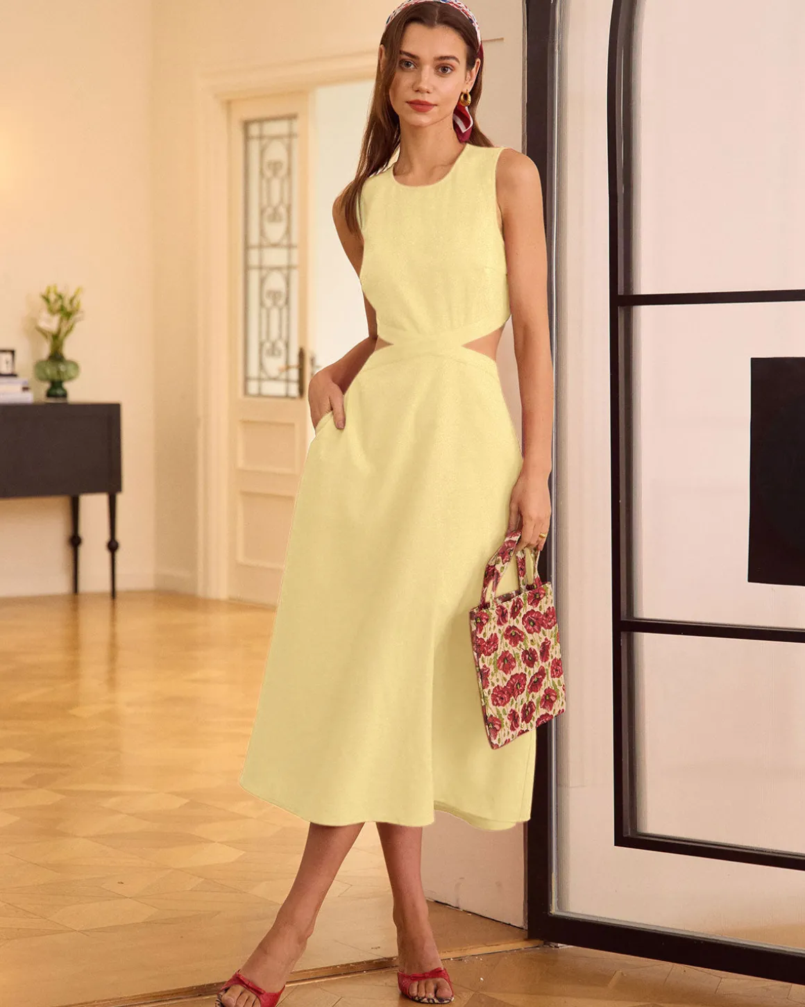 Yellow Round Neck Cut-Out Midi Dress