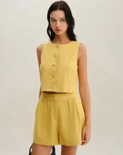 Yellow Ruched Button Shorts