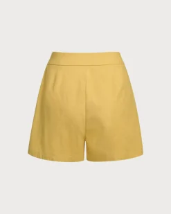 Yellow Ruched Button Shorts