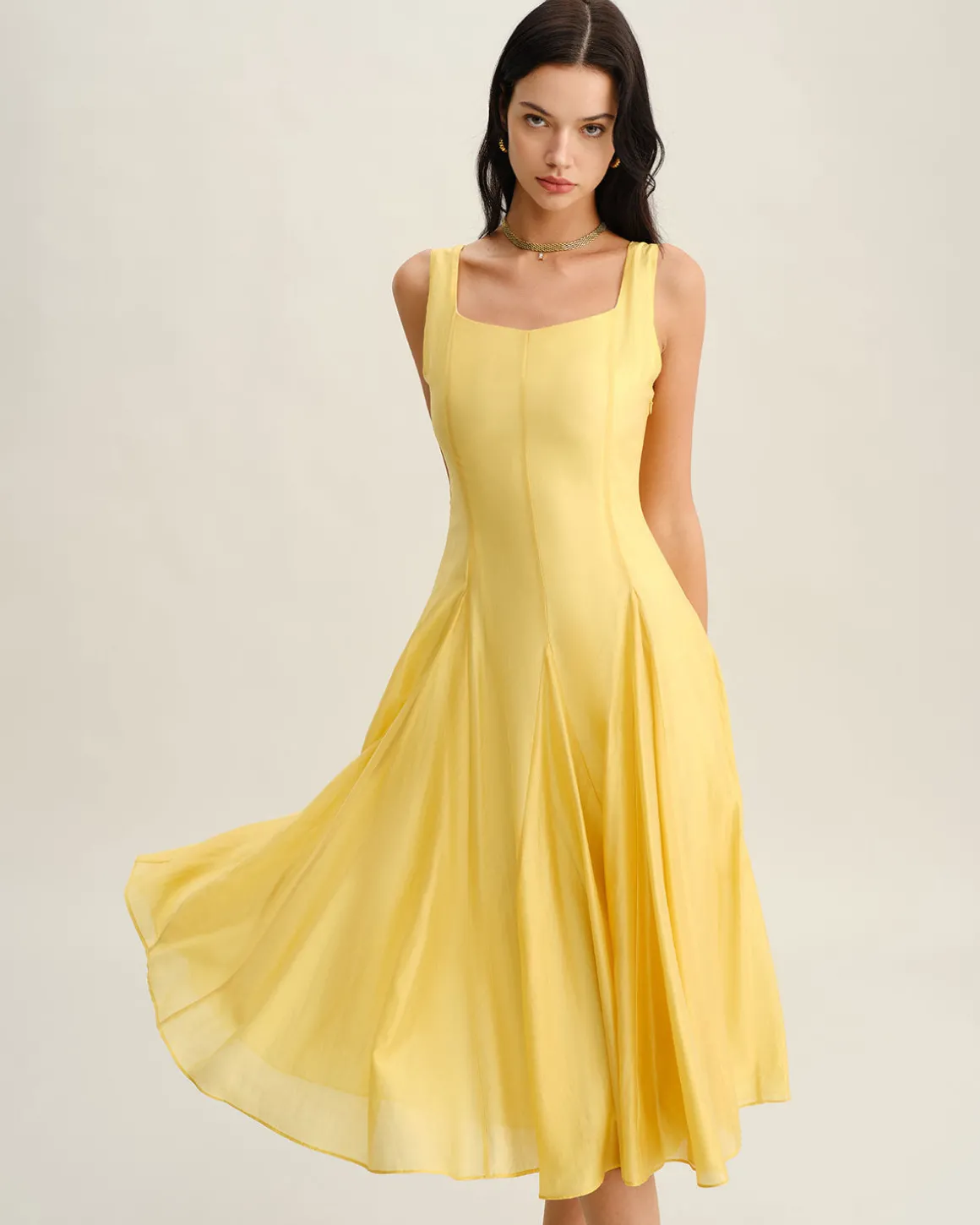 Yellow Square Neck Pleated Slip Midi Dress
