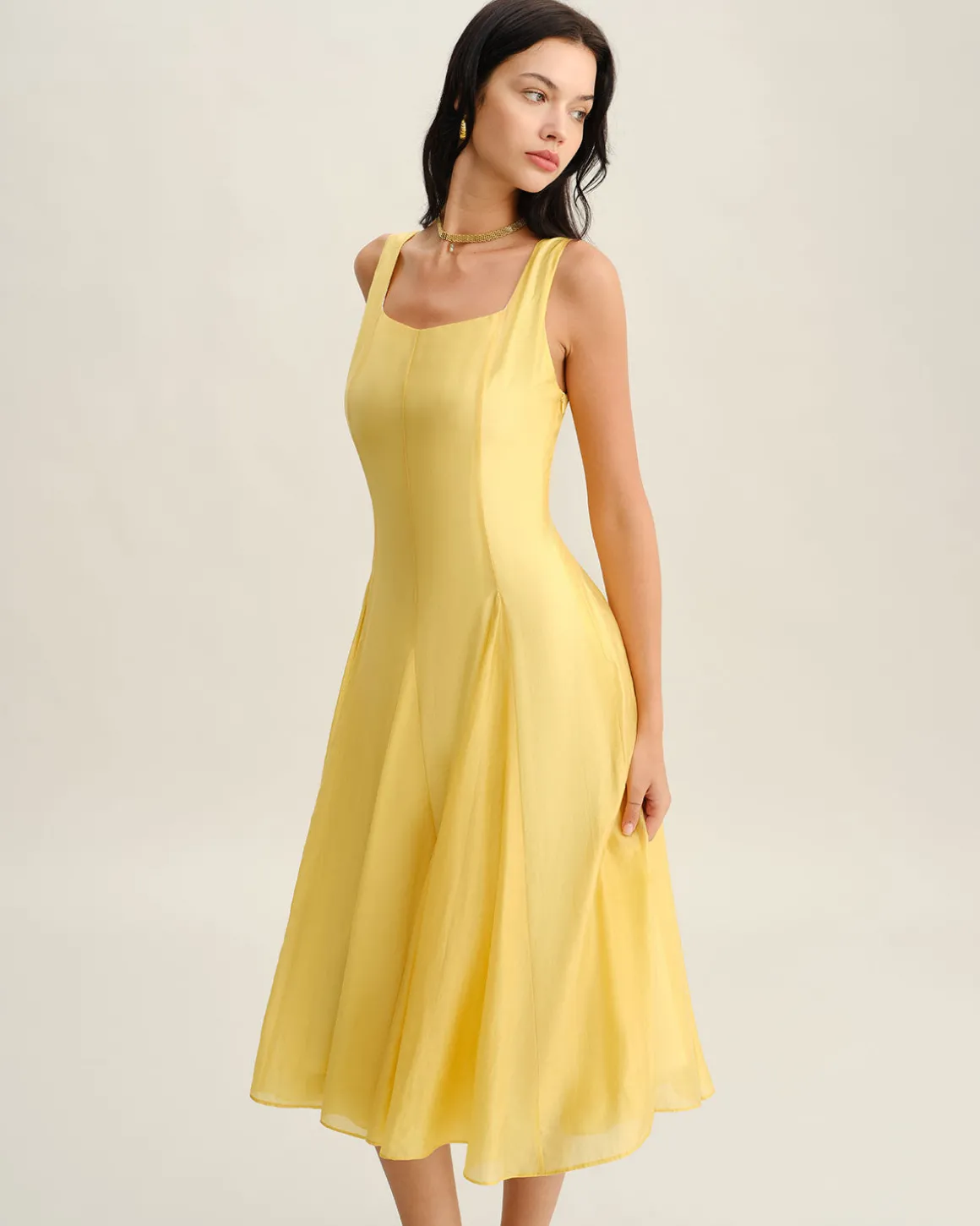 Yellow Square Neck Pleated Slip Midi Dress