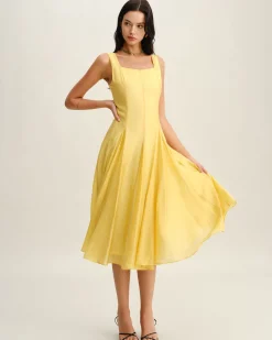 Yellow Square Neck Pleated Slip Midi Dress