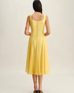 Yellow Square Neck Pleated Slip Midi Dress