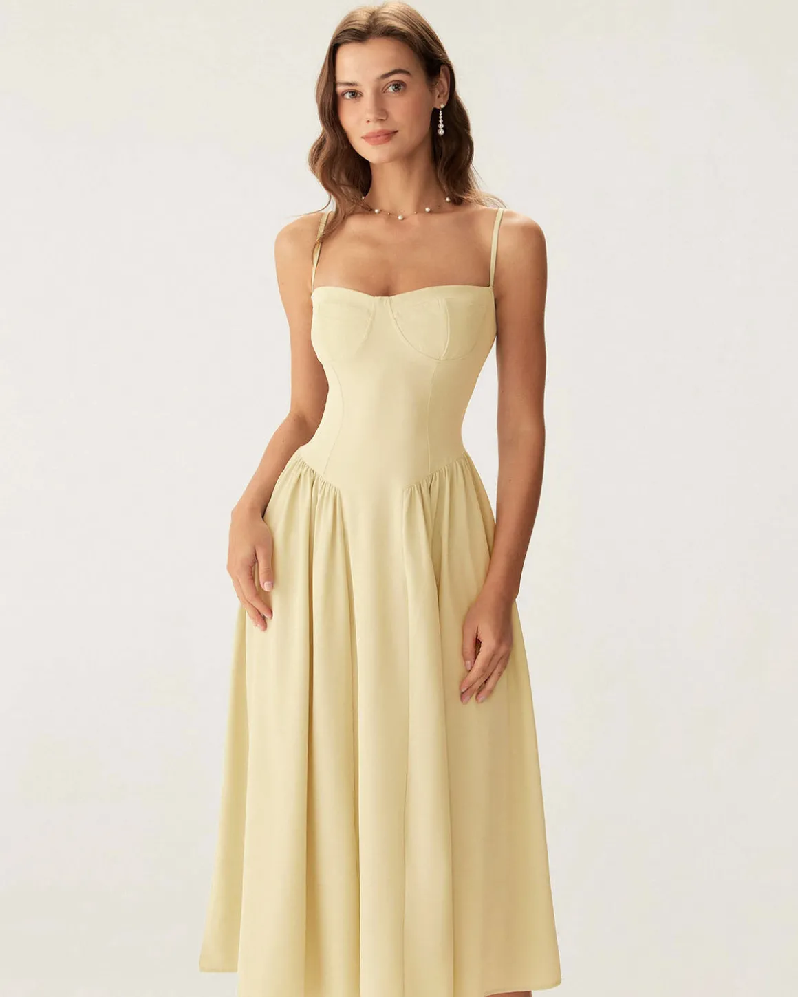 Yellow Square Neck Pocket Slip Midi Dress