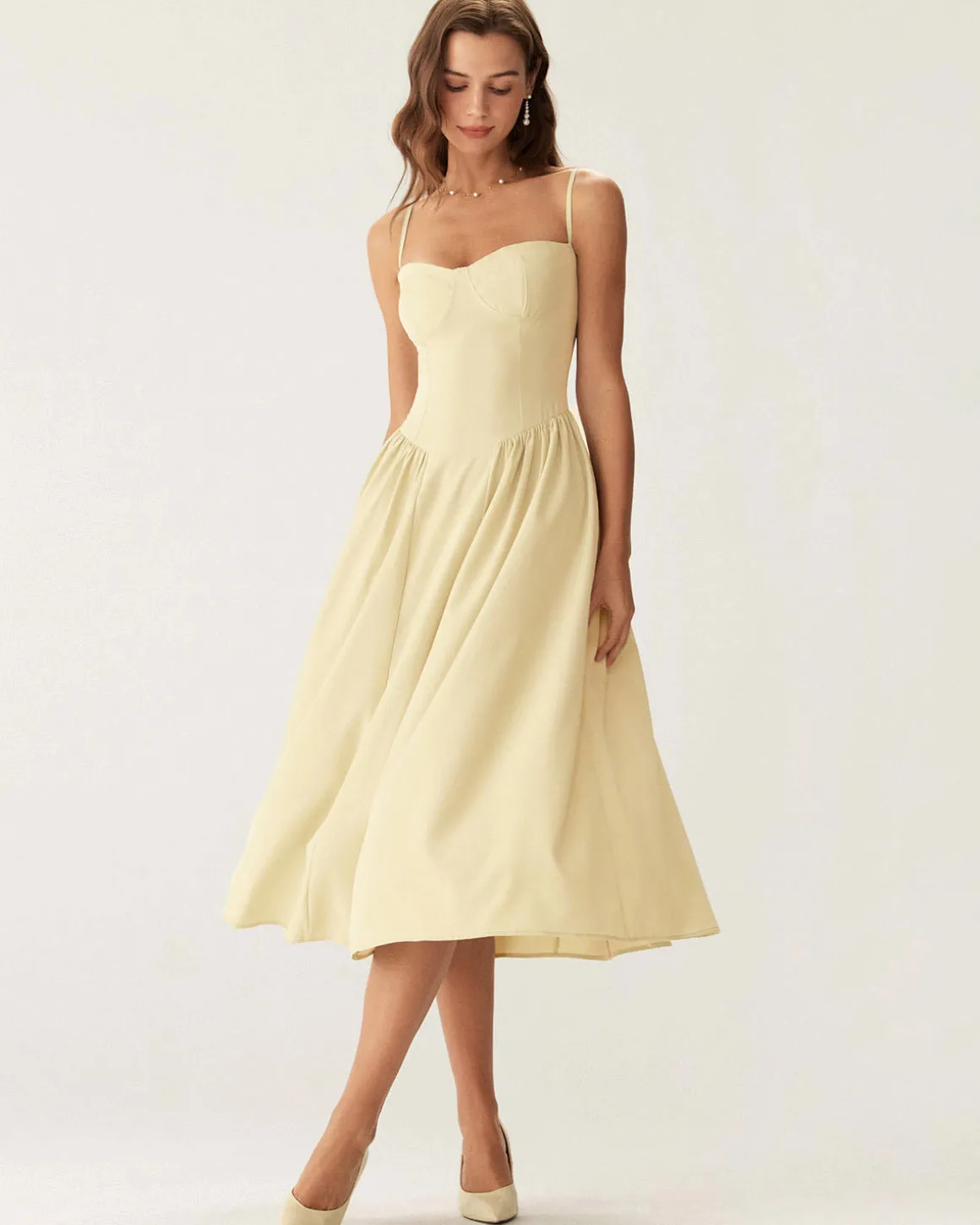 Yellow Square Neck Pocket Slip Midi Dress