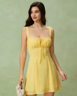 Yellow Square Neck Ruched Mini Dress