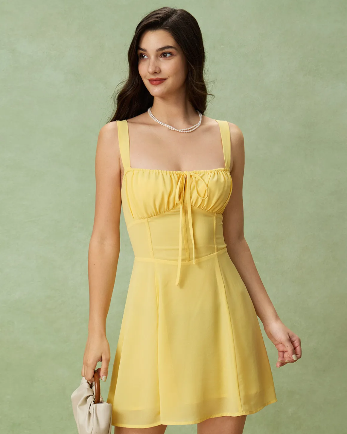 Yellow Square Neck Ruched Mini Dress