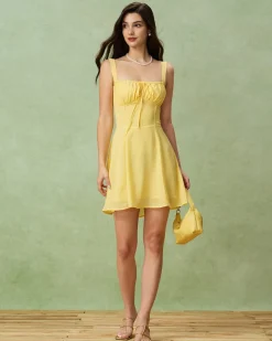 Yellow Square Neck Ruched Mini Dress