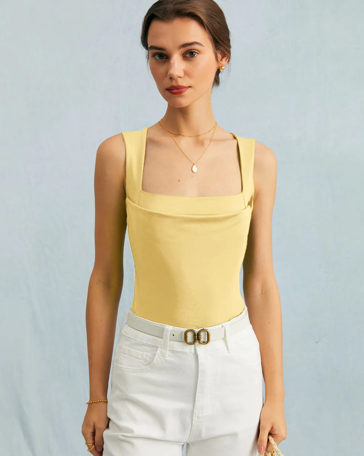 Yellow Square Neck Ruched Tank Top
