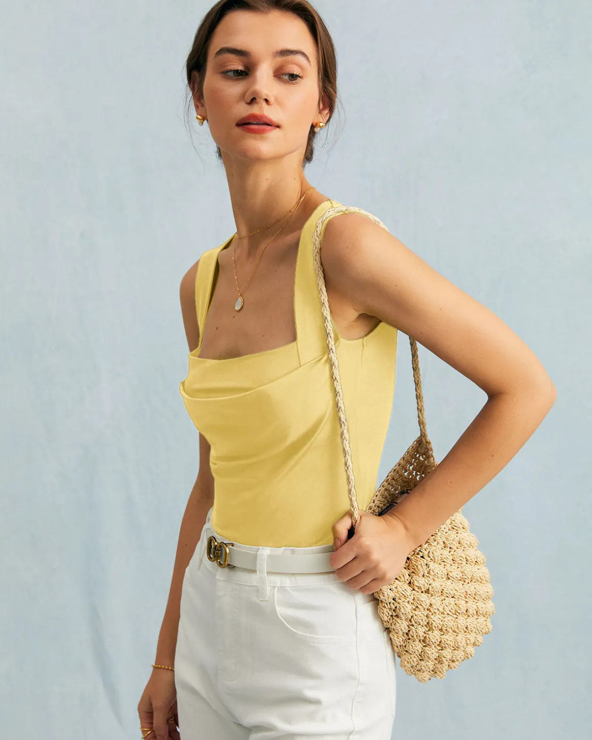 Yellow Square Neck Ruched Tank Top